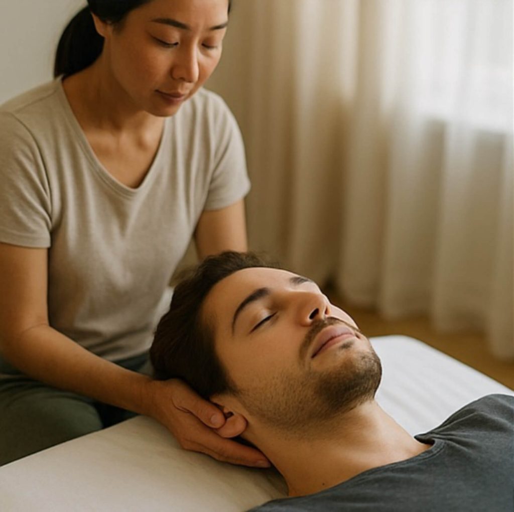 male receiving Craniosacral therapy from female practitioner